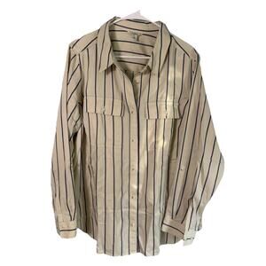 L.L. Bean Soft Washed Utility 100%TENCEL Casual Stripe Button Shirt 1X Tan Blue